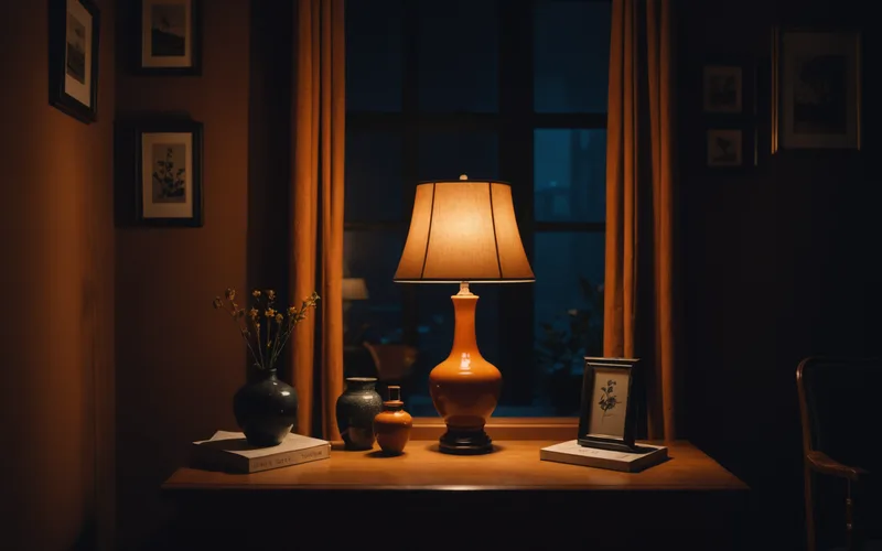 Dim nighttime interior with warm light source